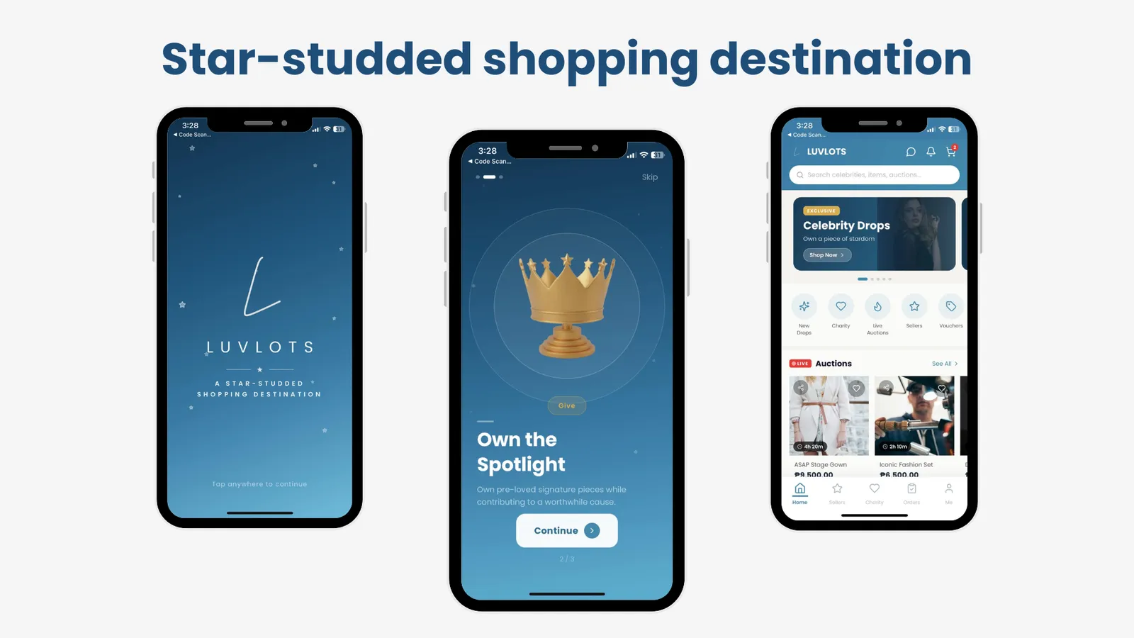 Luvlots app — onboarding and home screens